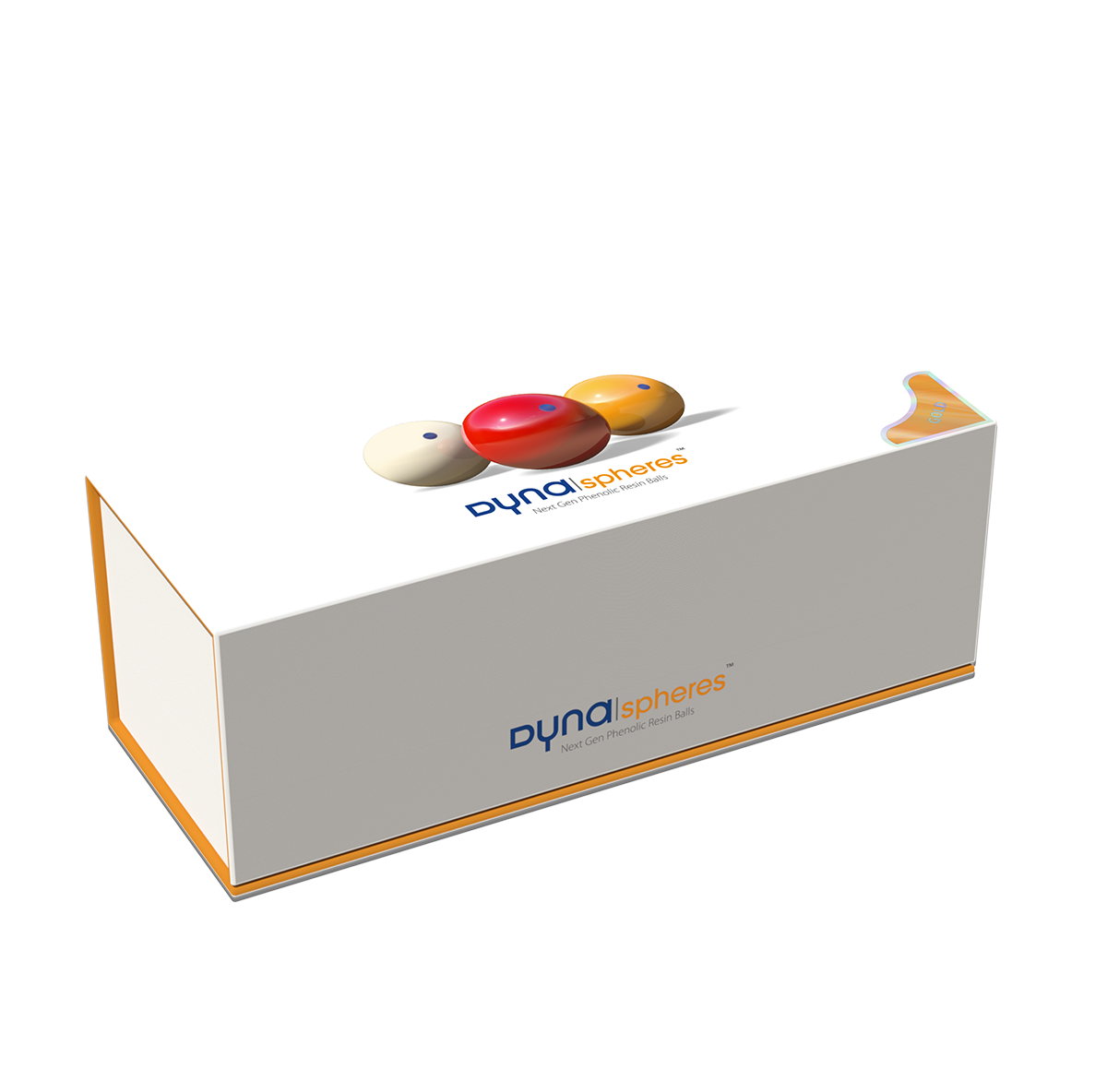 Closed packaging of the Dynaspheres Carom Gold 615 billiard ball set.