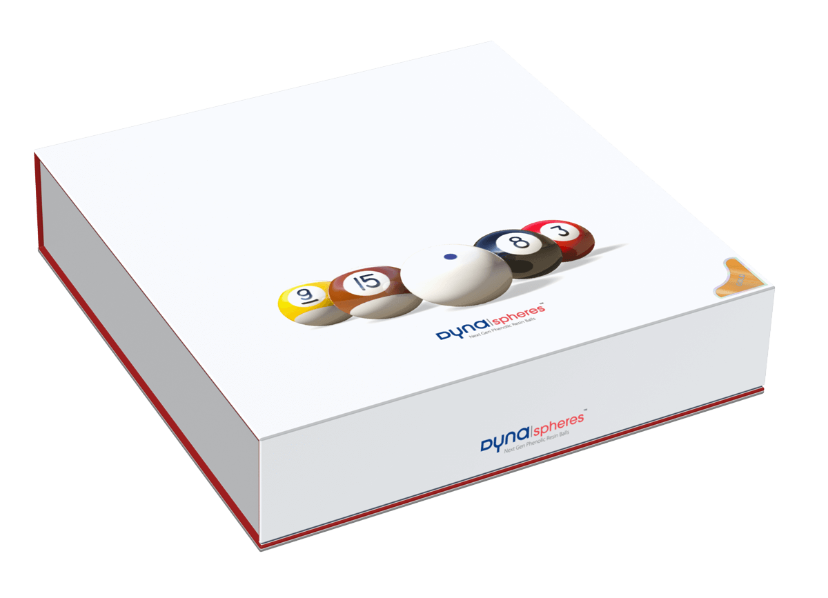 Closed packaging of the Dynaspheres Pool Gold 615 billiard ball set, with red border and a gold sticker in the corner.