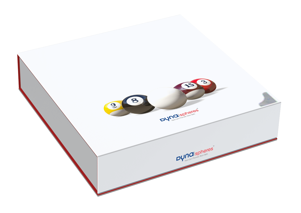 Closed packaging of the Dynaspheres Pool Silver 615 billiard ball set, finished with red border and a silver sticker in the corner.
