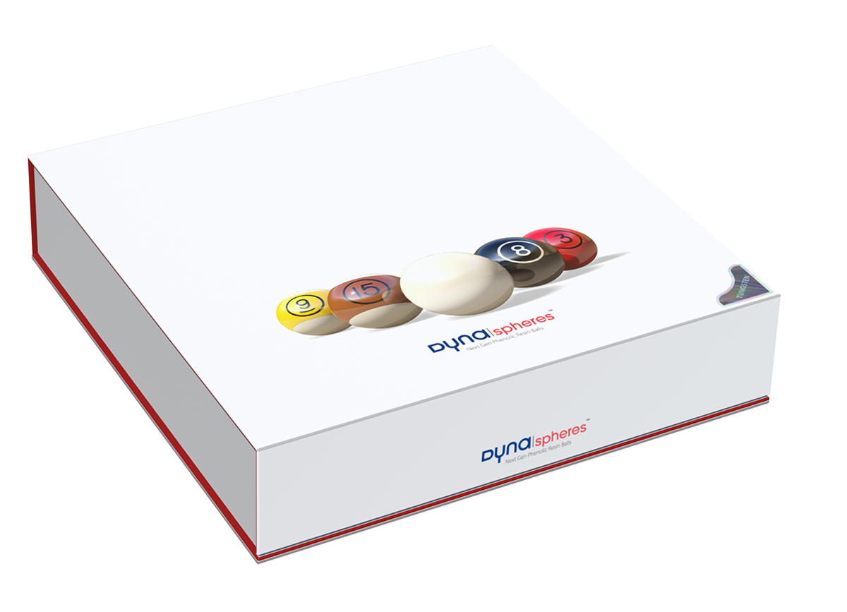 Closed packaging of the Dynaspheres Pool Tungsten 615 billiard ball set, finished with red borders.